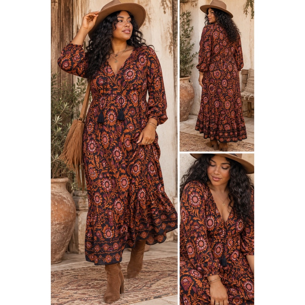 Style & Co XL Floral Boho Maxi Dress Brown Orange Rayon Peasant Cottagecore